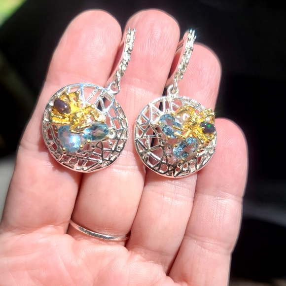 Black Opal & aquamarine sterling/gold spider earrings - Picture 6 of 11